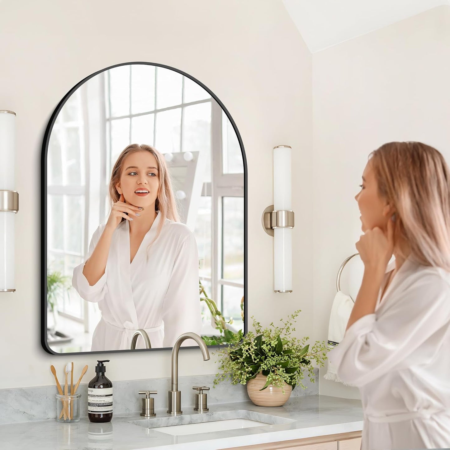 GLASHOM 30"x40" Black Arched Mirror for Bathroom, Wall Mounted Mirror, Aluminum Alloy Brushed Framed Wall Mirror, Anti-Rust, Large Mirror for Over Sink, Bedroom, Entryway (Vertical)