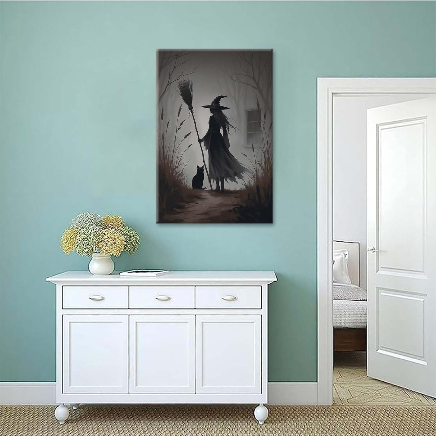 JFHCQJPK Vintage forest witch and black cat poster Halloween mural poster decoration mural art magic suitable for home living room bedroom16x24in Frameless