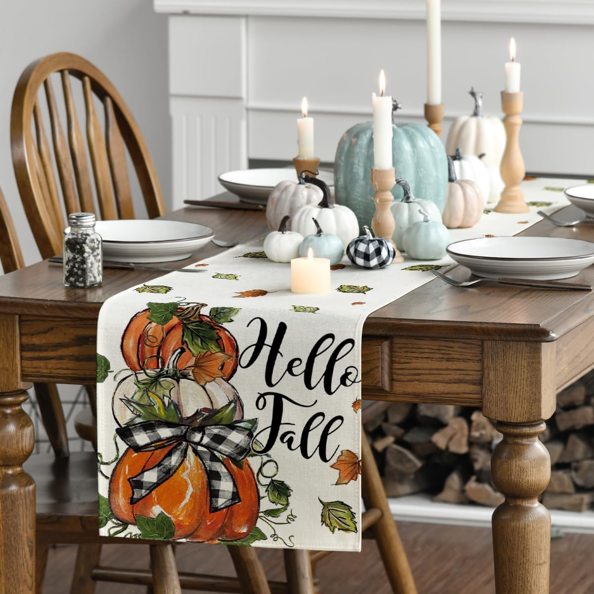 Artoid Mode Pumpkins Bowknot Maple Leaf 210 GSM Fall Table Runner, Seasonal Autumn Kitchen Dining Table Decoration for Home Party Decor 13x60 Inch