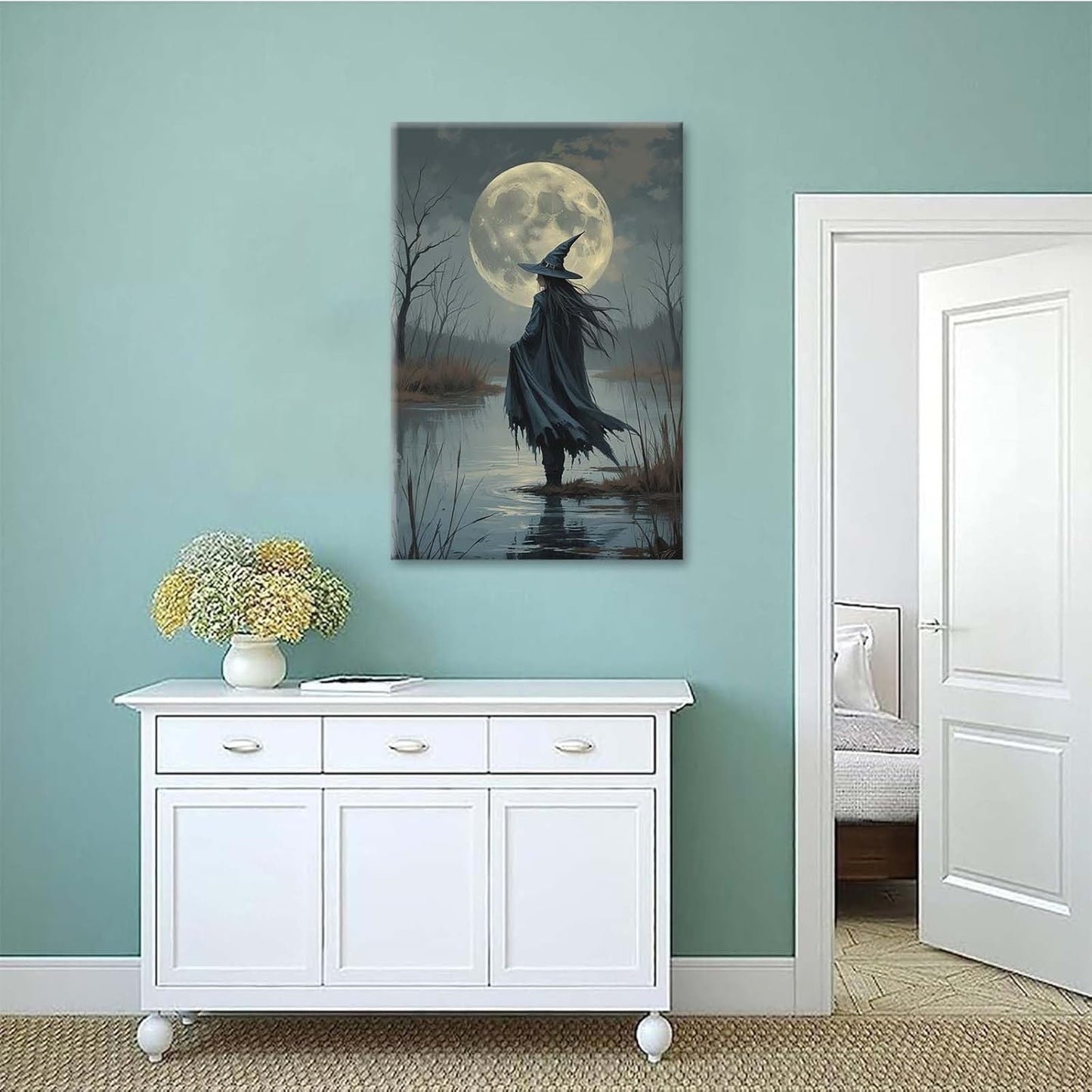 JFHCQJPK Witch in the moonlight magic canvas wall art enchanting Halloween home decor swamp witch silhouette oil painting mysterious gothic aesthetic wall decor print poster24x36in Frameless