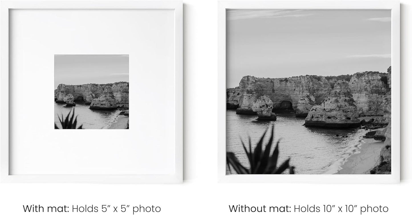 HAUS AND HUES 10x10 White Metal Picture Frames Matted to 5x5 - Features Premium Aluminum & Hanging Hardware, Shatterproof Plexiglass - Ideal for Home, Room, Office (10x10 in, White, Set of 4)