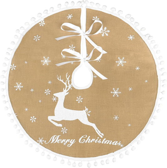 36 Inch Christmas Tree Skirt, Burlap Linen Color Christmas Rustic Tree Skirt with Elk Deer and White Snowflake Printed for Holiday Party Xmas Tree Decoration