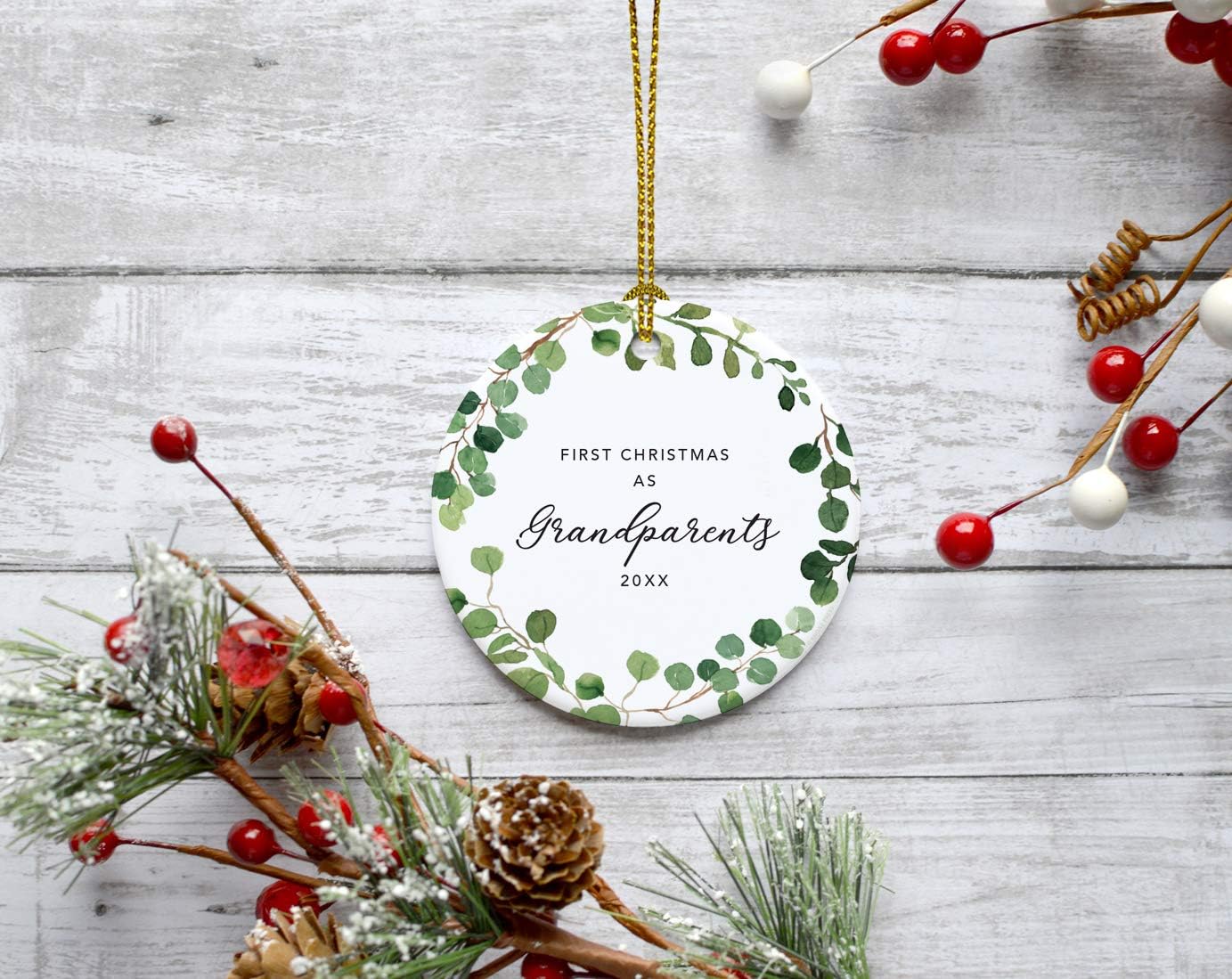 Andaz Press Custom Year Round Ceramic Porcelain Christmas Tree Ornament Keepsake Collectible Gift, First Christmas as Grandparents 2025, Farmhouse Eucalyptus Wreath, 1-PackNew