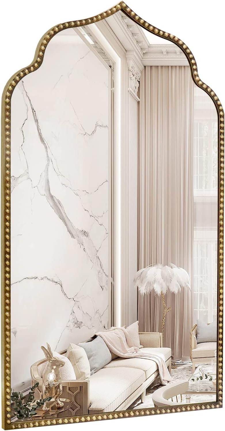 Arch Wall Mirror, 22" W x 38" H Metal Marlowe Beaded Frame Accent Mirror, Large Modern Vintage Gold