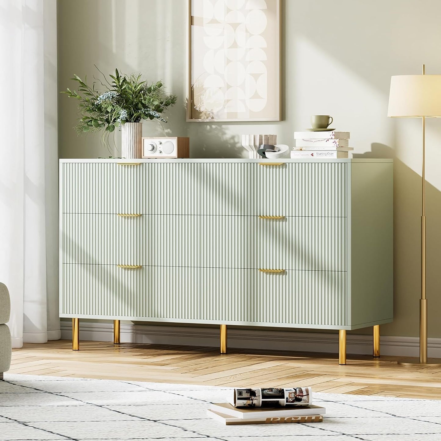 GAOMON 6 Drawer Dresser, Wood Chest of Drawers Organizer Storage with Gold Handle, Large Storage Cabinet, Modern Design Dresser for Bedroom, Living Room, Closet, Hallway, Entryway, Green