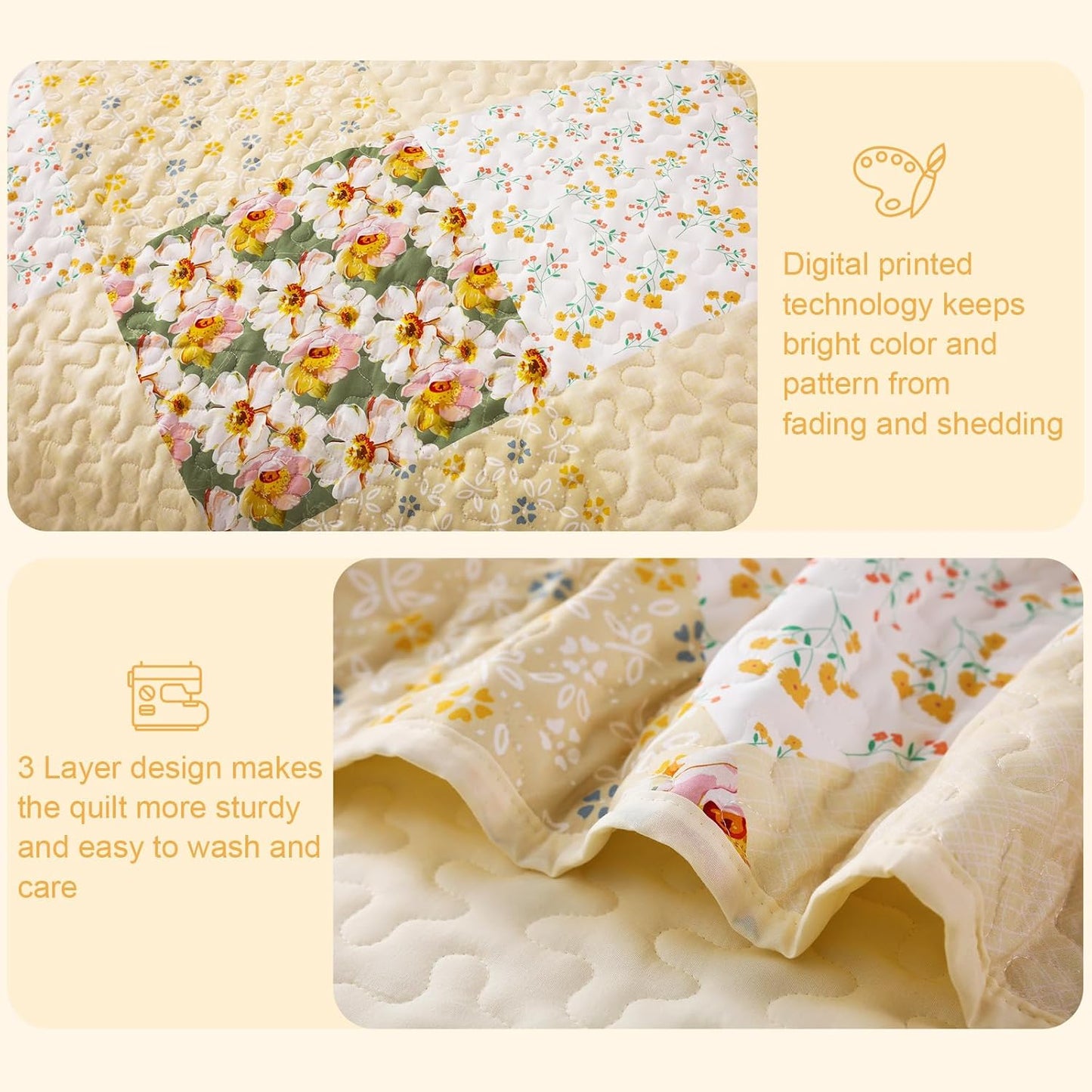 Exclusivo Mezcla Reversible Boho Quilt Set Queen Size, 3 Pieces Patchwork Yellow All Season Bedspreads, Ultra Soft Floral Coverlet Bedding Set with Printed Pattern (1 Quilt, 2 Pillow Shams)