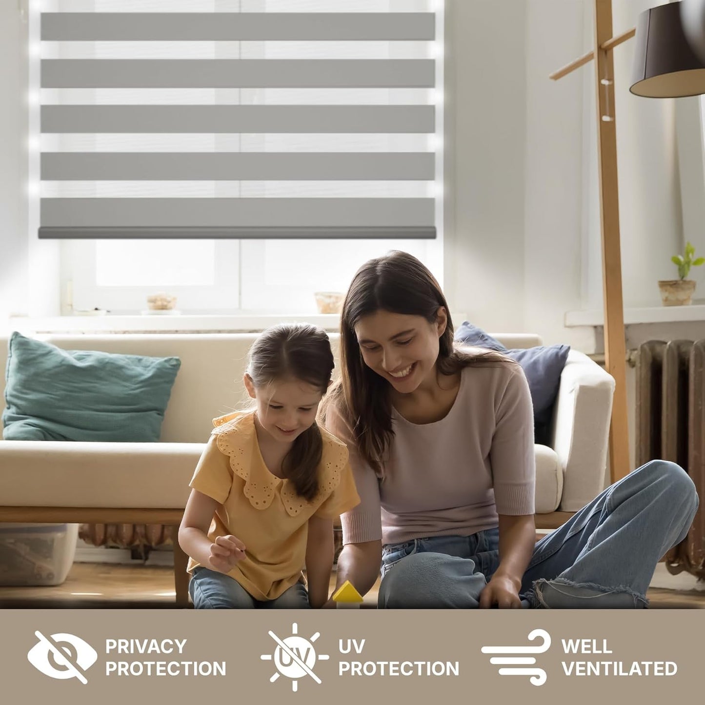 HESTIA Cordless Zebra Blinds Light Filtering Roller Shades UV Blocking Blackout Privacy Indoor Window Blind for Home Office Day and Night, Blue Grey,40" W x 48" H