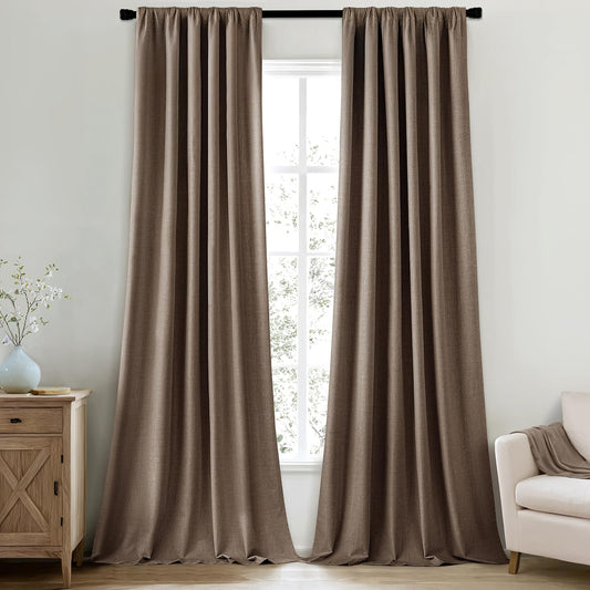 MIULEE 100% Blackout Curtains 102 Inch Long 2 Panels Set for Bedroom, Thick Faux Linen Black Out Curtain Room Darkening Back Tab Pleat Window Textured Drapes with Hooks for Living Room, Dutch Cocoa