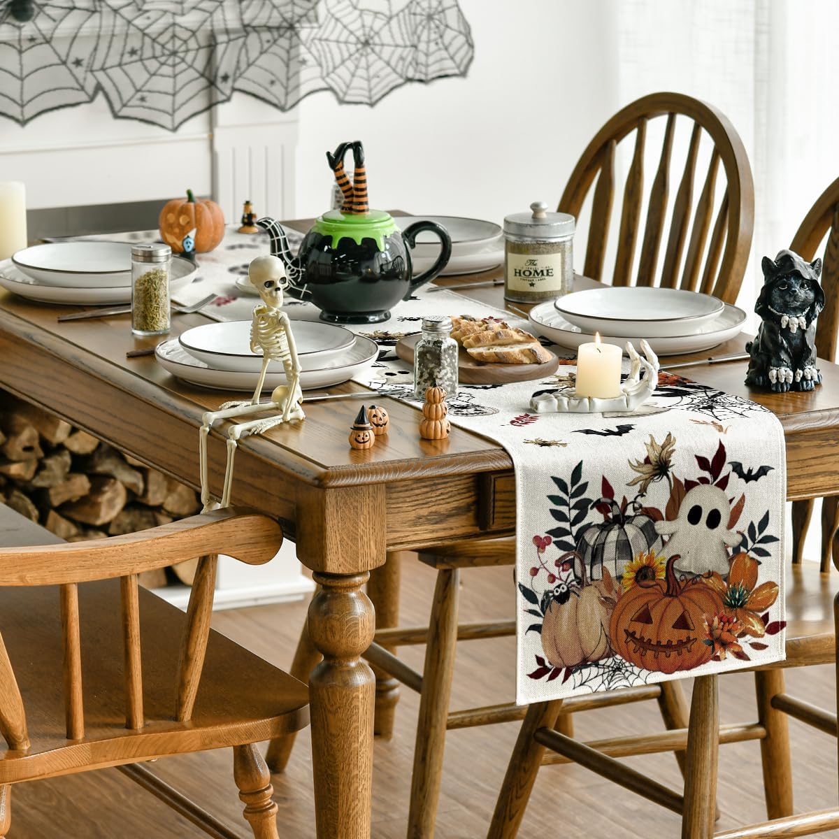 Artoid Mode Pumpkin Ghost Leaves Spider Web 210 GSM Halloween Table Runner, Spooky Kitchen Dining Table Decoration for Home Party Decor 13x90 Inch