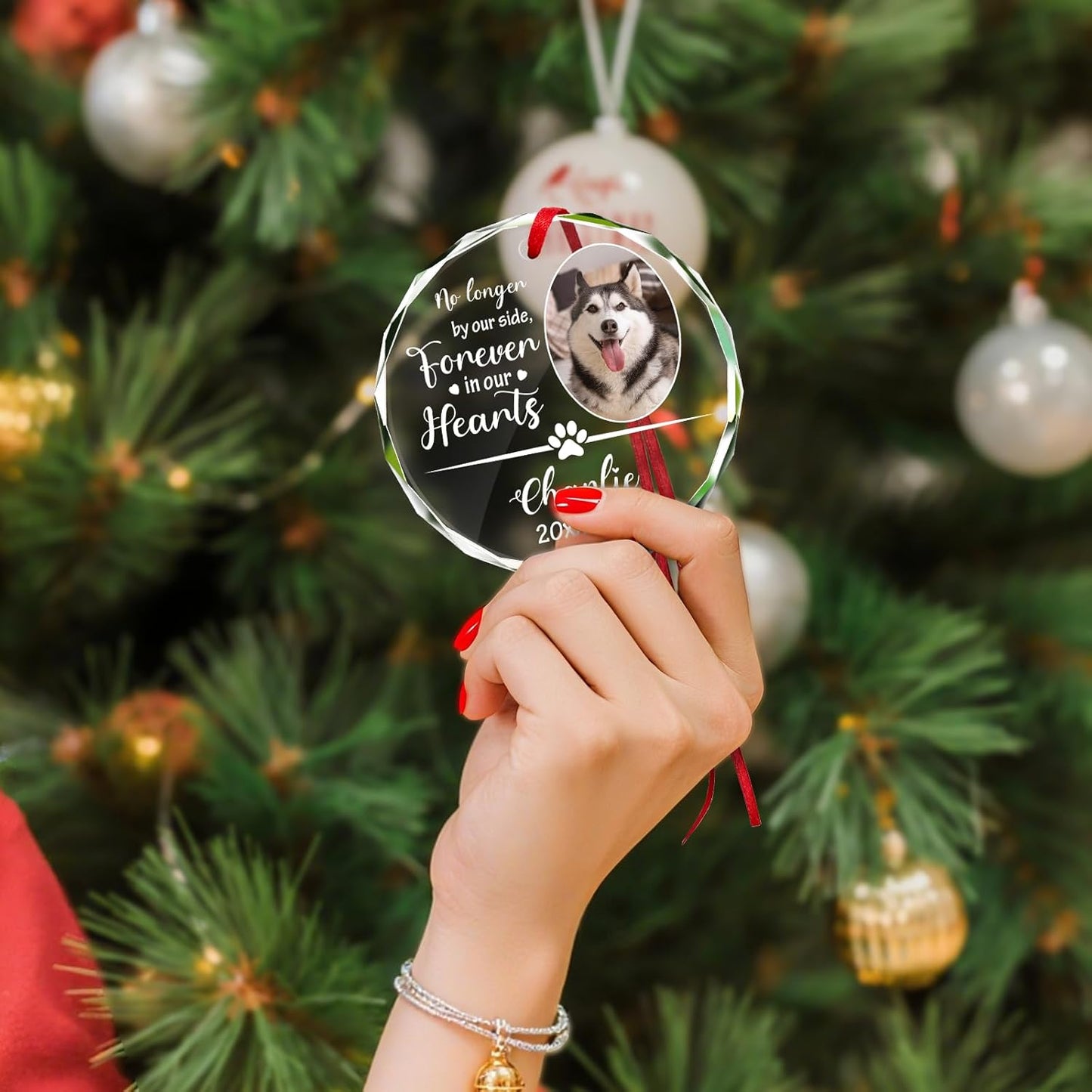Personalized Memorial Pet Glass Ornament - Custom Picture Christmas Ornaments, Dog Forever in Our Hearts Hanging Ornament Xmas Tree Decor for Dog Lovers