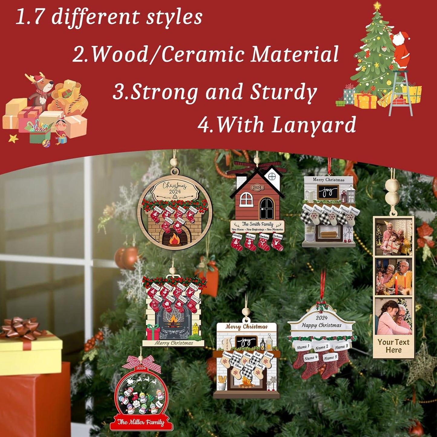 Personalized Christmas Ornaments with Names of 2/3/4/5/6/7/8 Custom Family Ornament Customized Xmas Tree Hanging Wood Decoration Gift White Fireplace