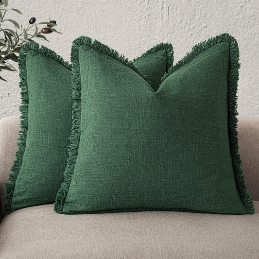 Foindtower Set of 2 Decorative Linen Fringe Throw Pillow Covers Cozy Boho Farmhouse Cushion Cover with Tassels Soft Accent Pillowcase for Couch Sofa Bed Living Room Home Decor, 18×18 Inch, Pine Green