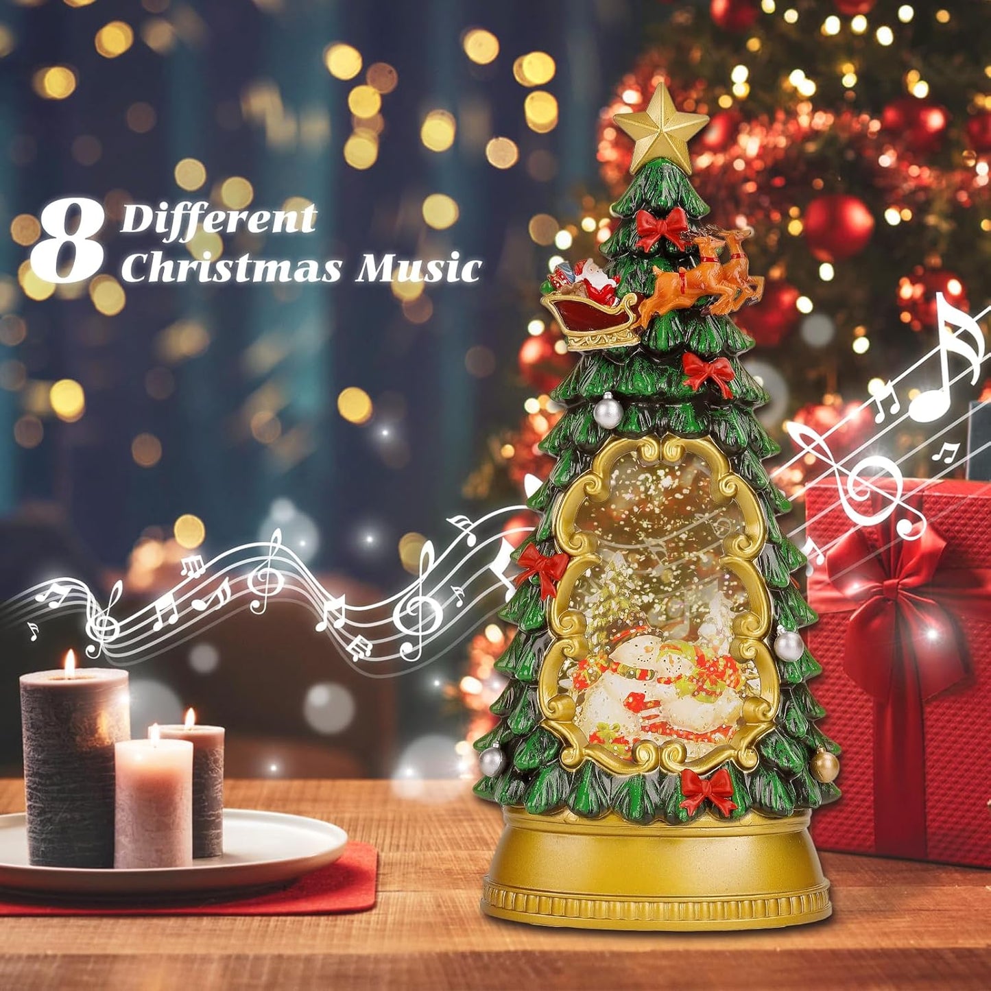 Christmas Snow Globes,with Musical and 6 Hour Timer,Snow Globes Lights, Christmas Indoor Decorations, Christmas Tree Decorations,USB & Battery Powered,Christmas Snowman Skiing