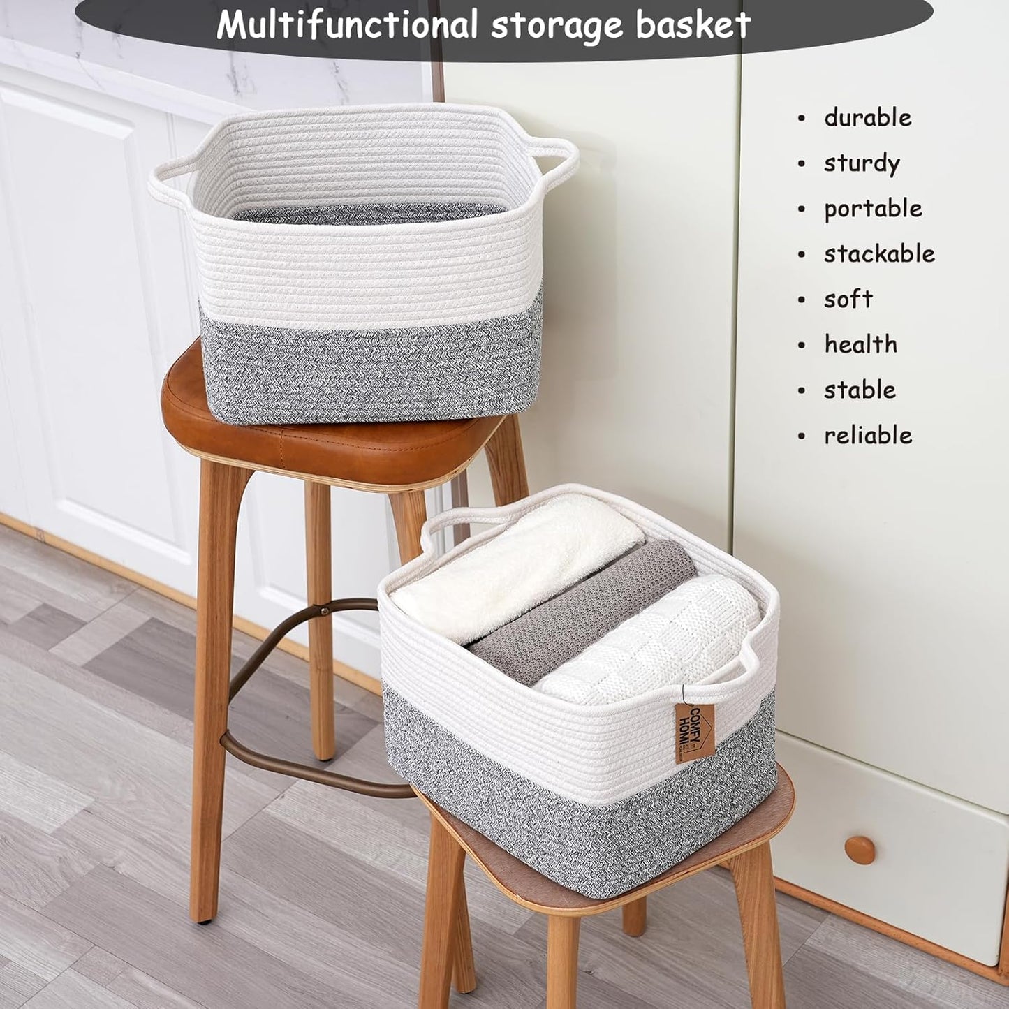 COMFY-HOMI Cotton Rope Woven Basket with Handles for Shelves,Toys,Book, Cloth Storage Baskets Bin for Organizing-13.5"x11"x9.5" Toy Decorative Organizer for Living Room, Bathroom-White/Grey