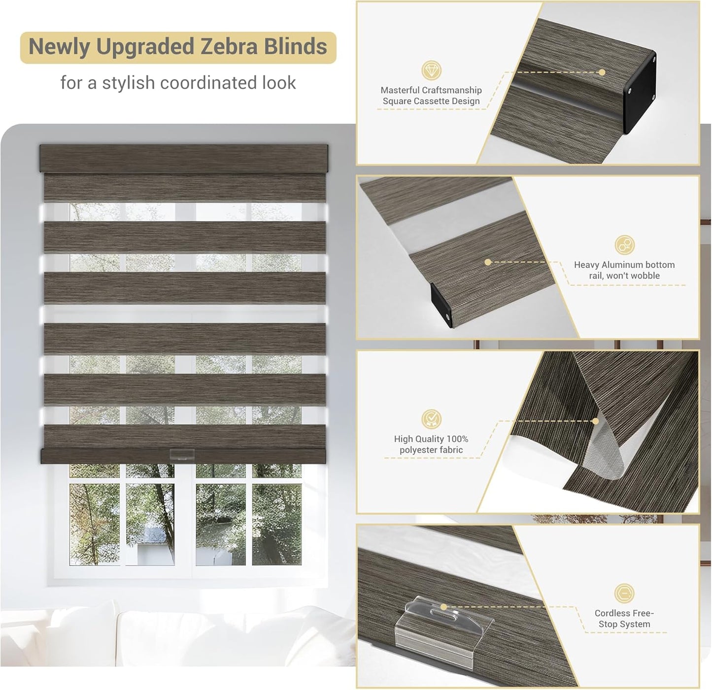 Cordless Zebra Blinds for Windows, Blackout Interior Blinds,Easy to Install,UV Protection,for Offices and Home,Custom Roller Shades, Mousse Dark Bown,27" W x 36" H