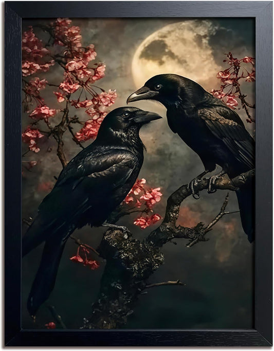 Black Wood Framed Halloween Canvas Wall Art Painting, Vintage Black Crow Cherry Blossom Wall Decor Picture, Dark Academia Gothic Poster Print Photo for Living Room Bedroom Office Decor 8x10 Inch