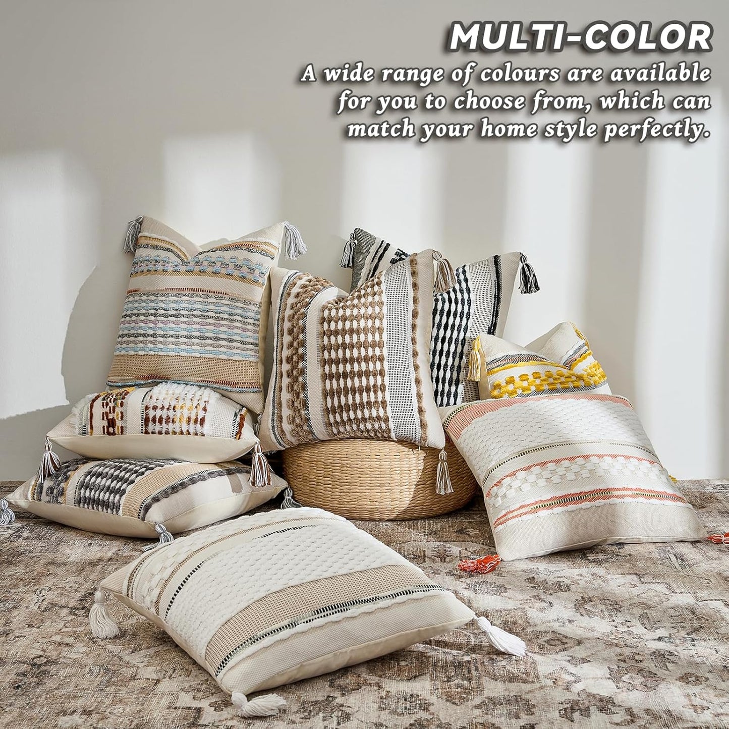 AmHoo Chenille Striped Textured Boho Throw Pillow Covers Aesthetic with Tassels Woven Decorative Pillow Case for Couch Bed Sofa Bedroom Modern Funky 18 x 18-Inch White