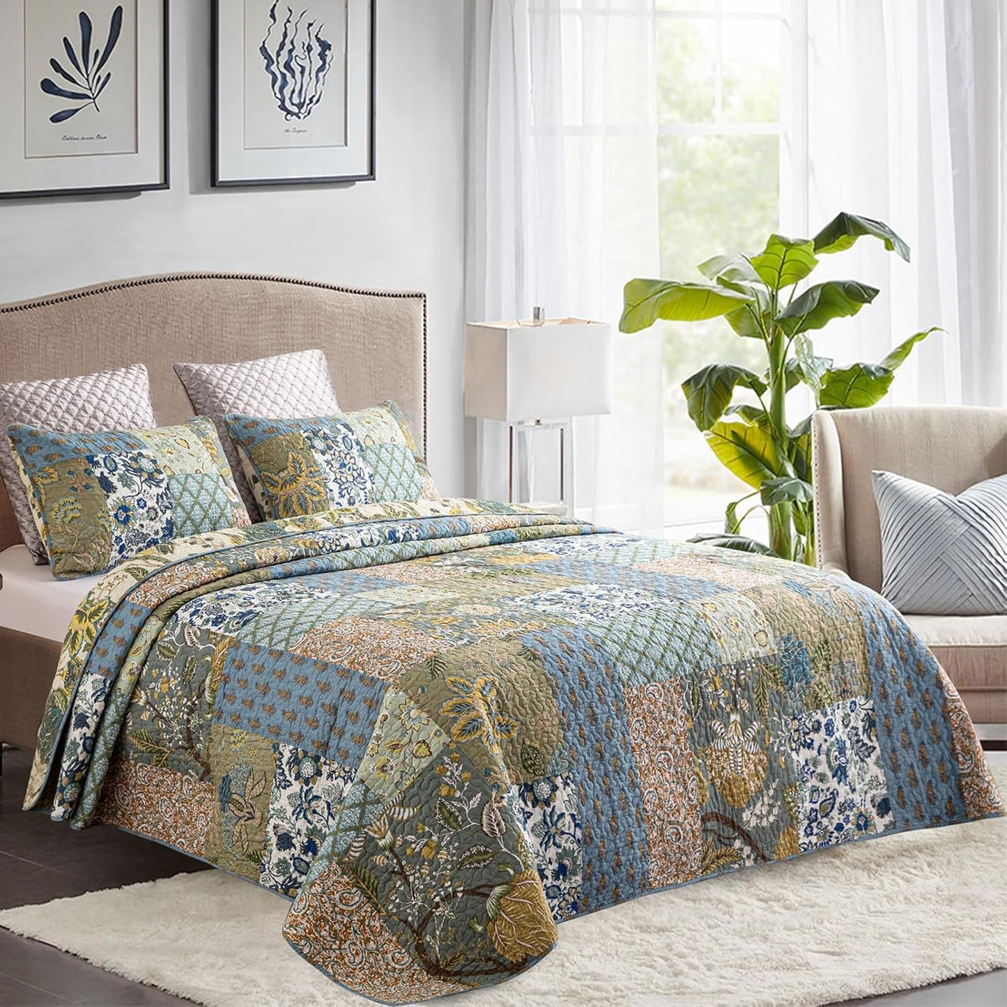 YAYIDAY Oversized King Bedspreads Patchwork Quilt Set (120x118 Inch) - 100% Cotton Reversible Breathable Green Leaves Quilted Coverlet with Pillow Shams for All Seasons