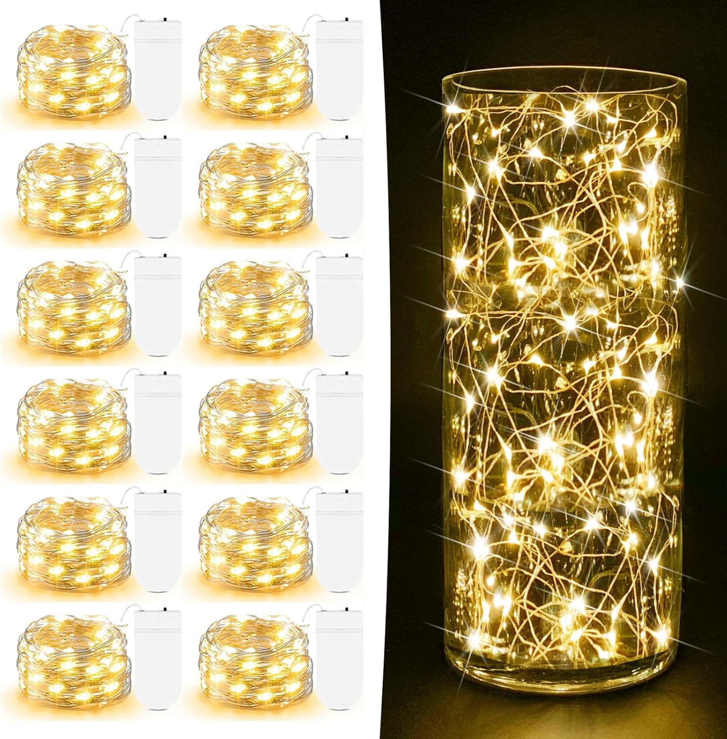 12 Pack Fairy Lights Battery Operated - 7ft 20 LED Twinkle Lights Copper Wire Mini String Lights Firefly Lights for Mason Jars DIY Crafts Christmas Wedding Party Centerpiece Table Decor, Warm White