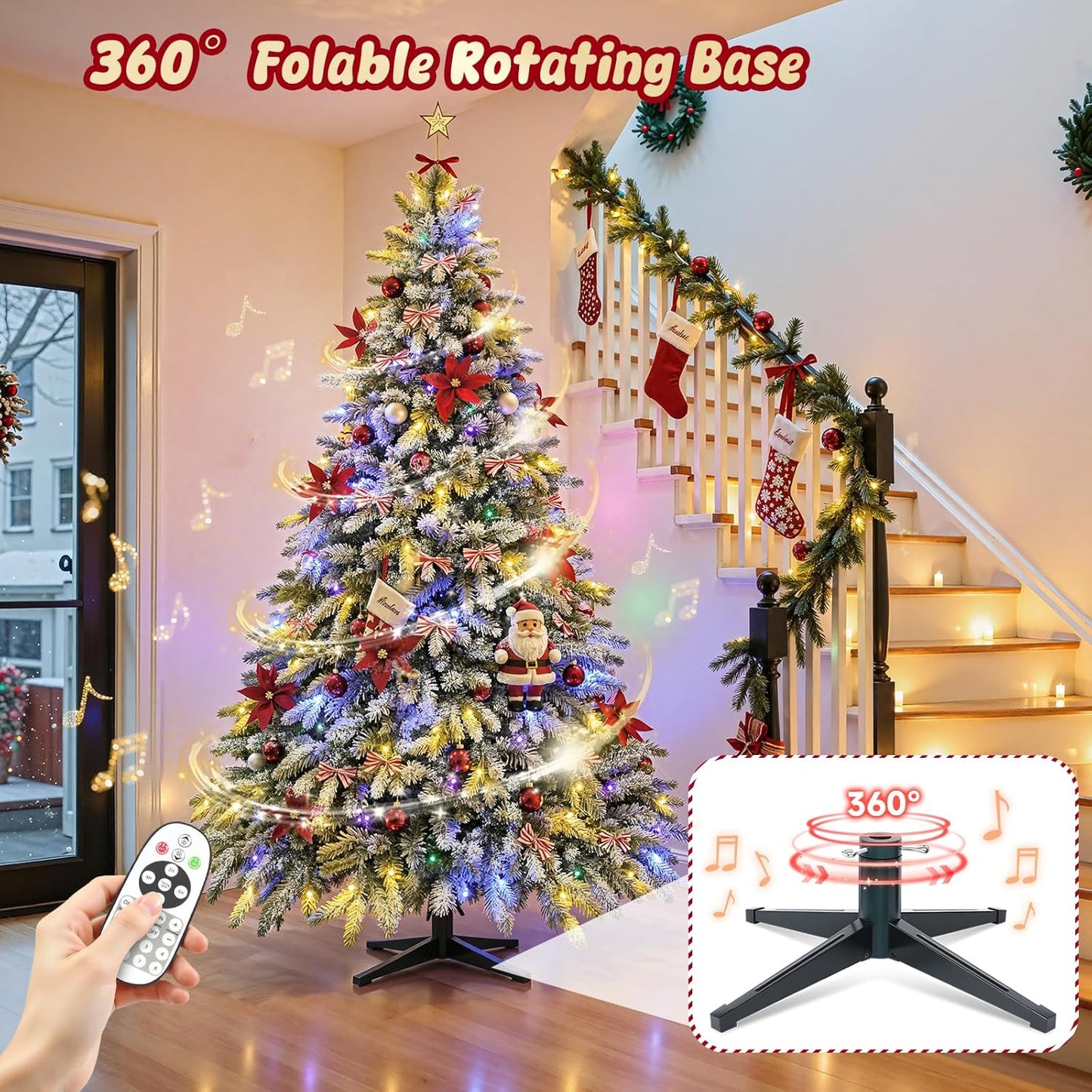 9FT Rotating Christmas Tree with Remote, Pre-Lit Artificial Green PE & PVC Xmas Tree, Multicolor LED Lights with Music & Flash Modes, Deluxe Holiday Home Decor