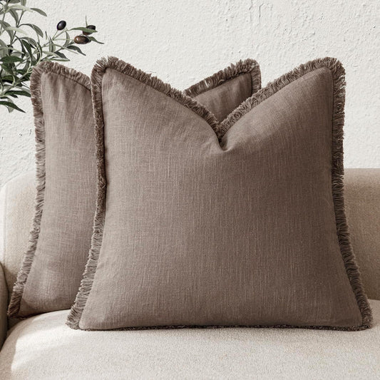 Foindtower Set of 2 Decorative Linen Fringe Throw Pillow Covers Boho Farmhouse Cushion Cover with Tassels Soft Accent Pillowcase for Couch Sofa Bed Living Room Home Decor,26×26 Inch,Light Coffee