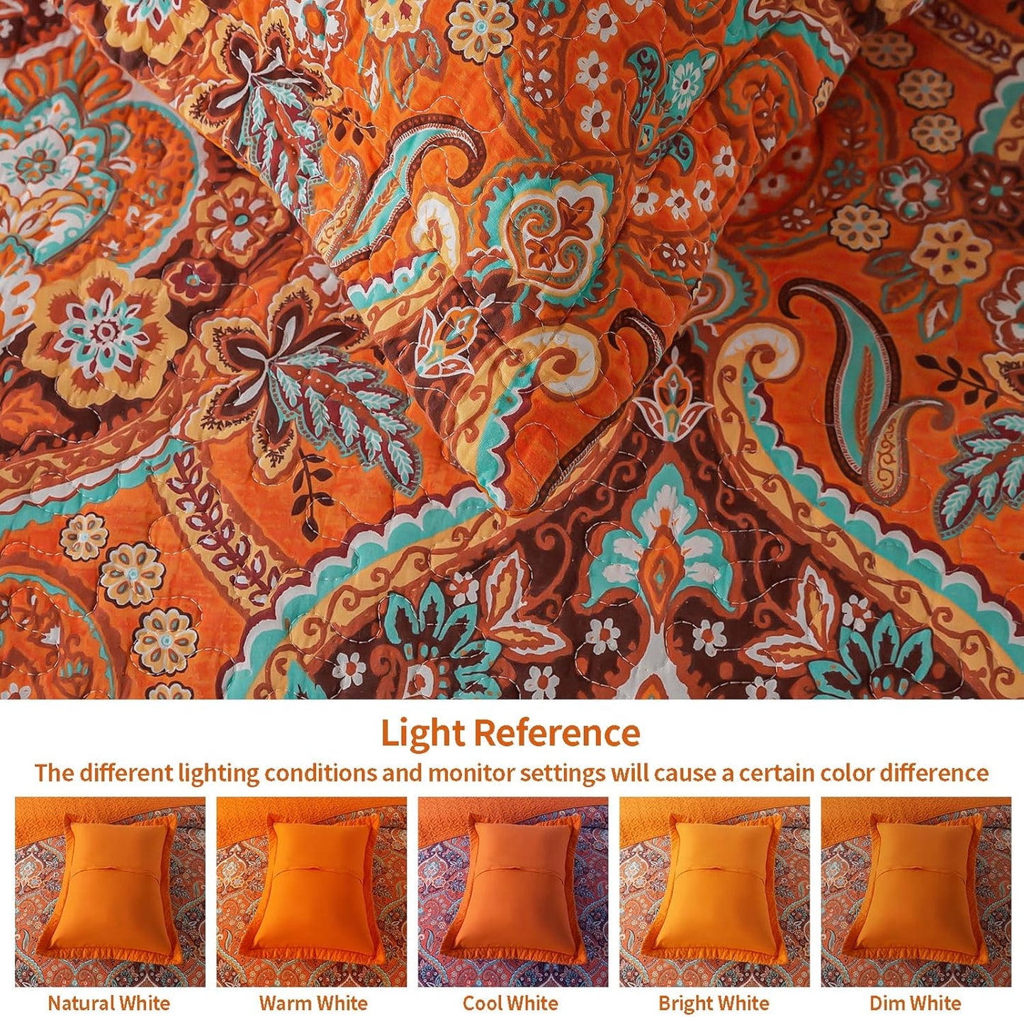 VAPUTAR Cotton Quilts Queen Size, Queen Quilt Bedding Set with Bohemian Damask Pattern-3 Pieces Lightweight Soft Bedspread Queen Size Coverlet (90 * 98 in) Suitable for All Season (Light Orange)