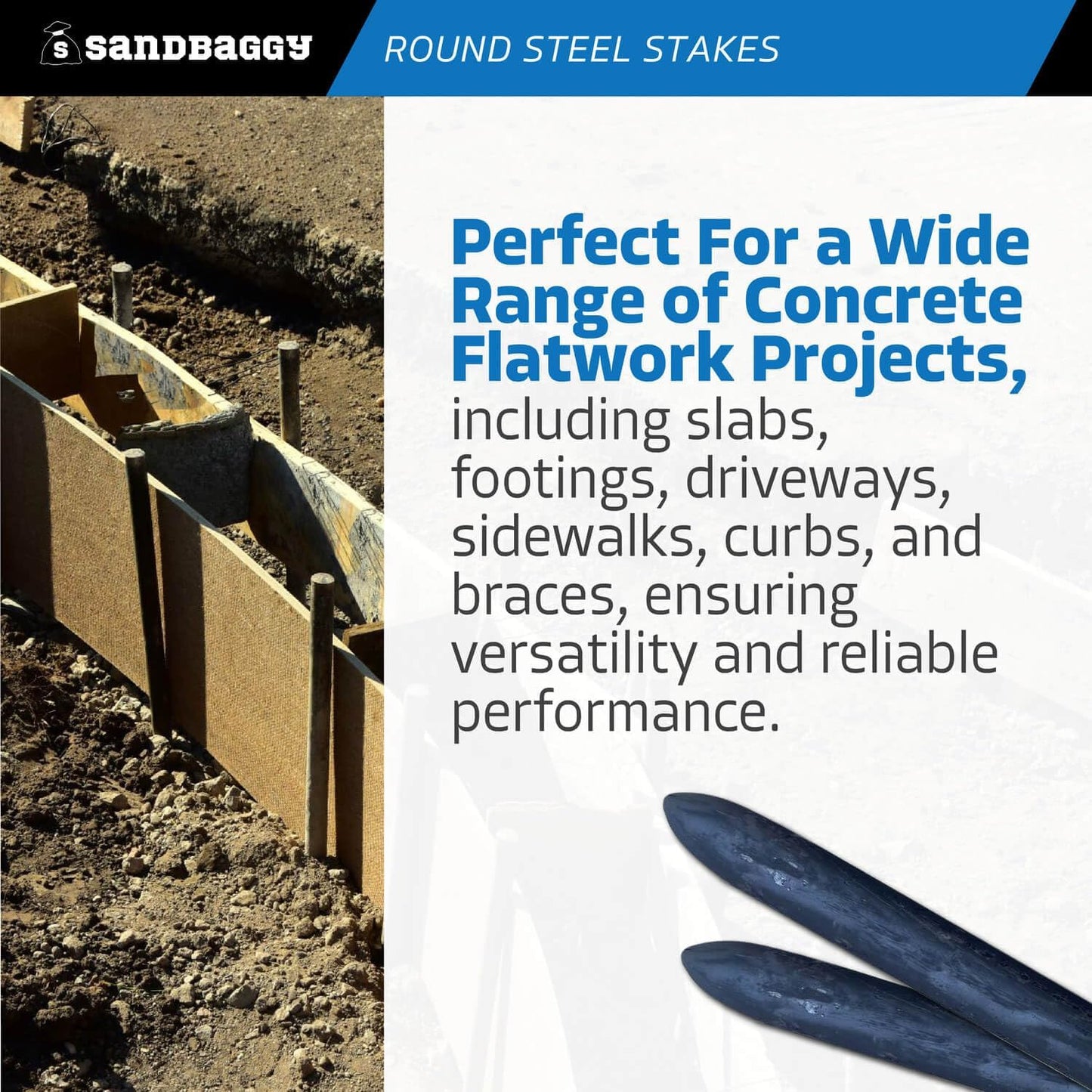 Sandbaggy Round Steel Concrete Form Stakes with Nail Holes - Rust Resistant Coating - Removable, Reusable (40, 3/4 in X 12 in)
