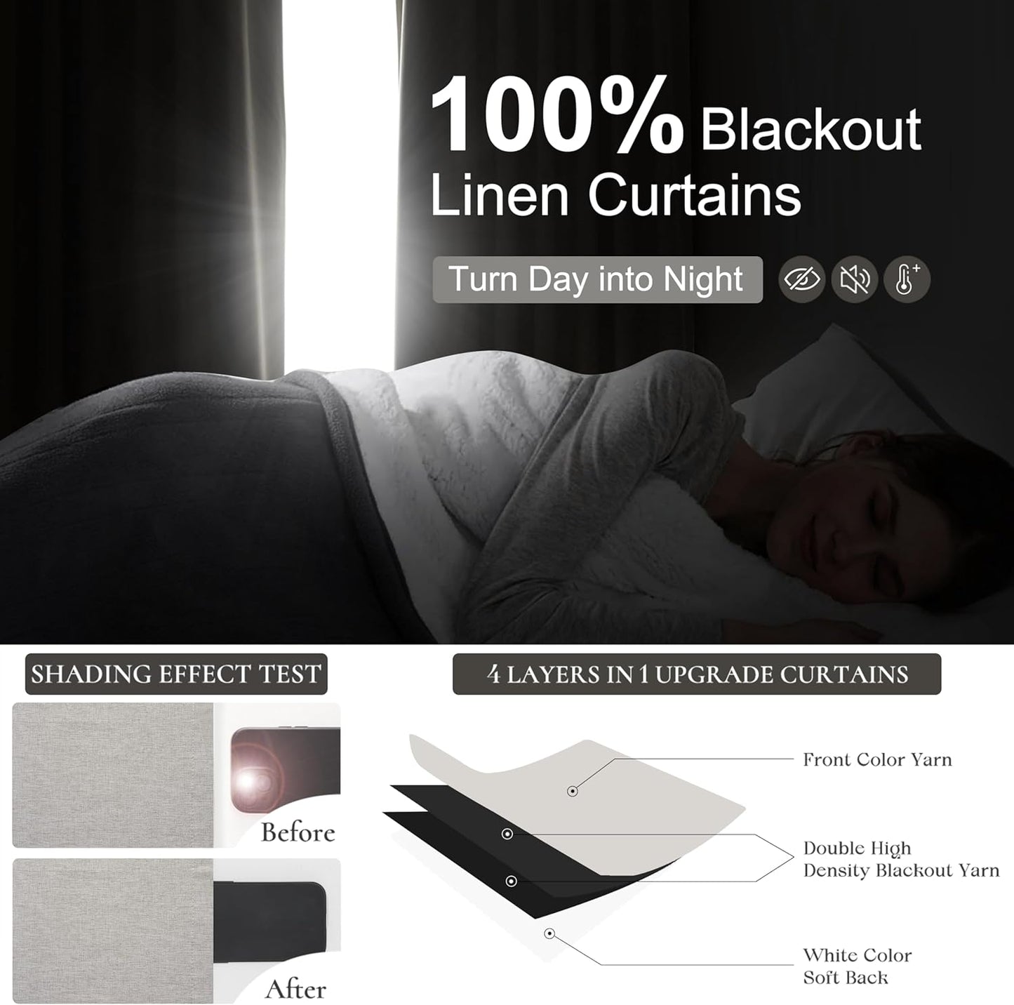 Grey Beige Viral Thick Linen Blackout Curtains 90 Inches Long for Bedroom/Dining Room 2 Panels Set, Neutral Pinch Pleated Melange Energy Efficient Sunblock Drapes with White Backing (40"Wx90"L)