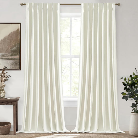 Cream White Viral Blackout Canvas Curtains 100 Inches Long 2 Panels Set for Bedroom, Neutral Pinch Pleated Linen Heavy Thermal Curtains for Winter Room Darkening Insulated Window Drapes 40x100 Inch