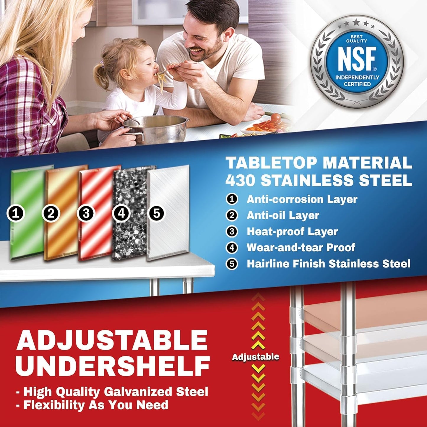 DuraSteel Food Prep Stainless Steel Table - 24 x 24 Inch Commercial Metal Workbench with Adjustable Under Shelf - NSF Certified - for Restaurant, Warehouse, Home, Kitchen, Garage