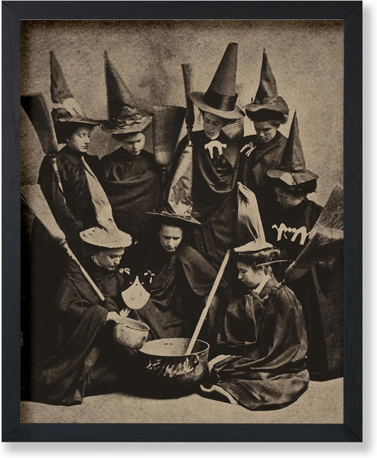 Poster Master Vintage Photograph Poster - Retro Halloween Print - Gift for Artist, Friend - Witches Cooking, Pointy Hats, Broomsticks, Black Magic - Wall Decor for Bedroom, 18x24 Unframed Wall Art