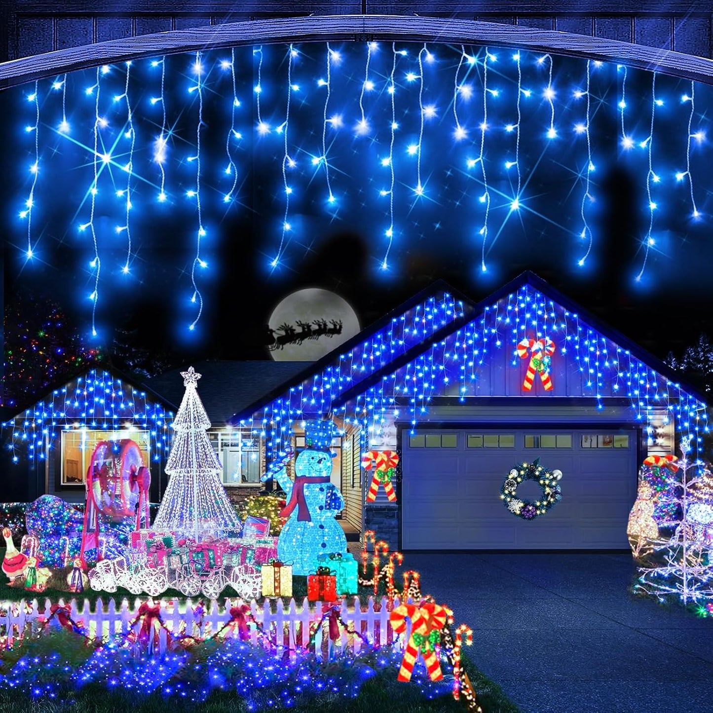 Christmas Lights Outdoor, 1280 LED 131FT Ice Lights for Outside, Clear Wire 8 Modes Plug in 240 Drops Ice String Lights with Timer Memory Function Hanging Light for Christmas Decor(Blue)