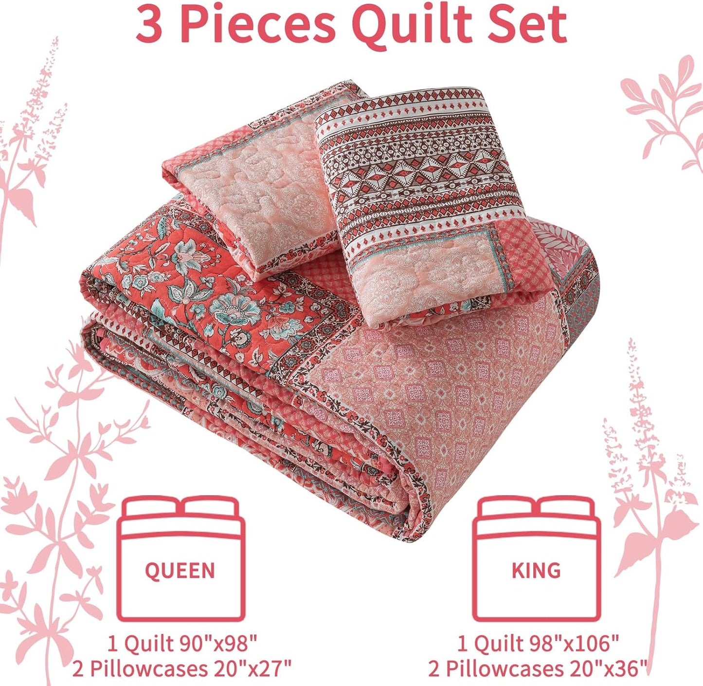 VAPUTAR Cotton King Size Quilt Bedding Sets, Pink King Bedspread Lightweight Quilted Reversible Coverlets Farmhouse 3 Pieces King Quilt Set Suitable for All Seasons Decoration