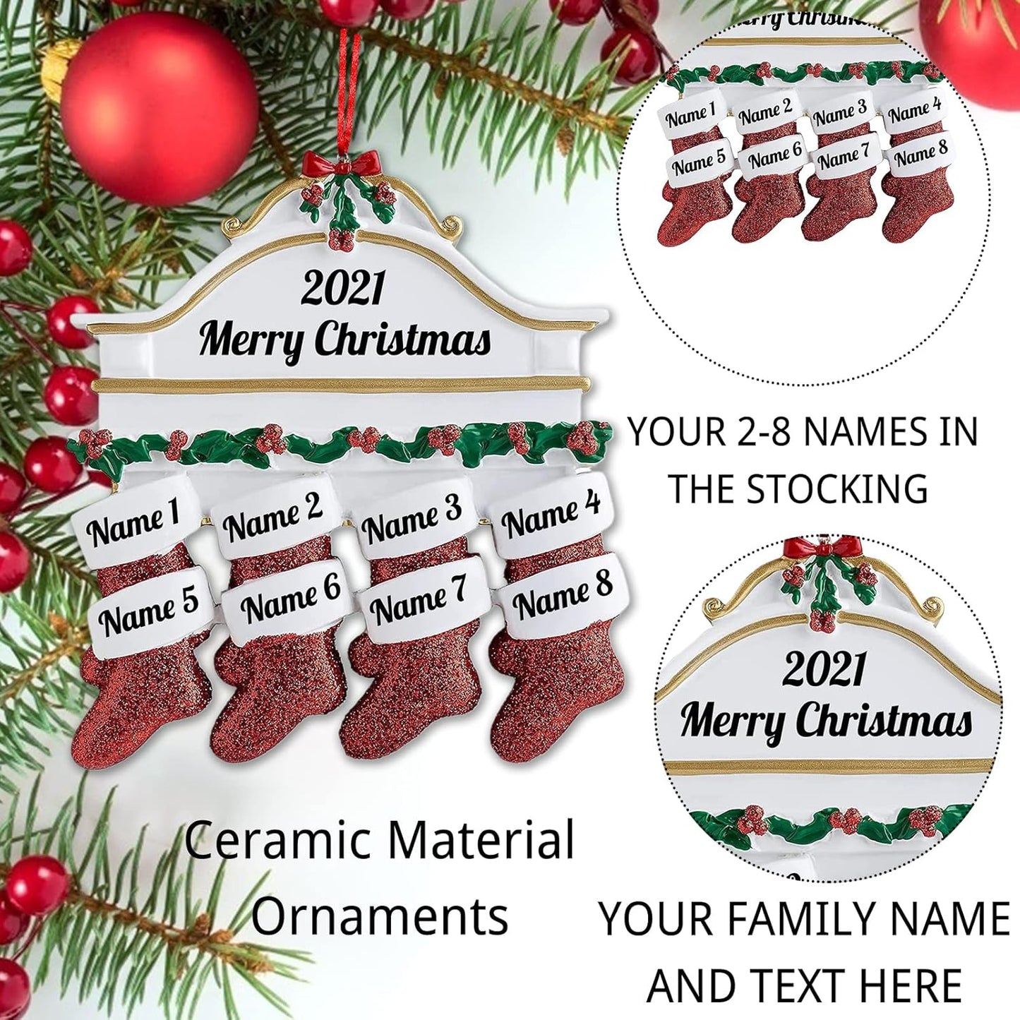 Personalized Christmas Ornaments Family of 2,3,4,5,6,7,8 Custom Christmas Stocking Ornaments with Names, Customized Xmas Day Home Christmas Tree Decora- Family of 7