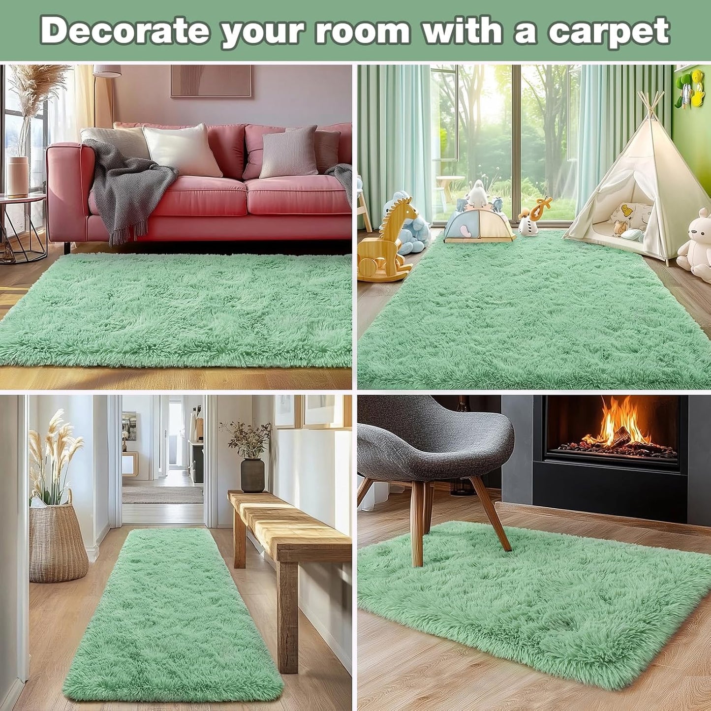 Extra Large Fluffy Area Rug for Bedroom Living Room, 9x12 Feet Sage Green Modern Indoor Carpets Room Colorful Rugs, Plush Indoor Nursery Classroom Home Decor Bedside Rug with Non-Slip Bottom
