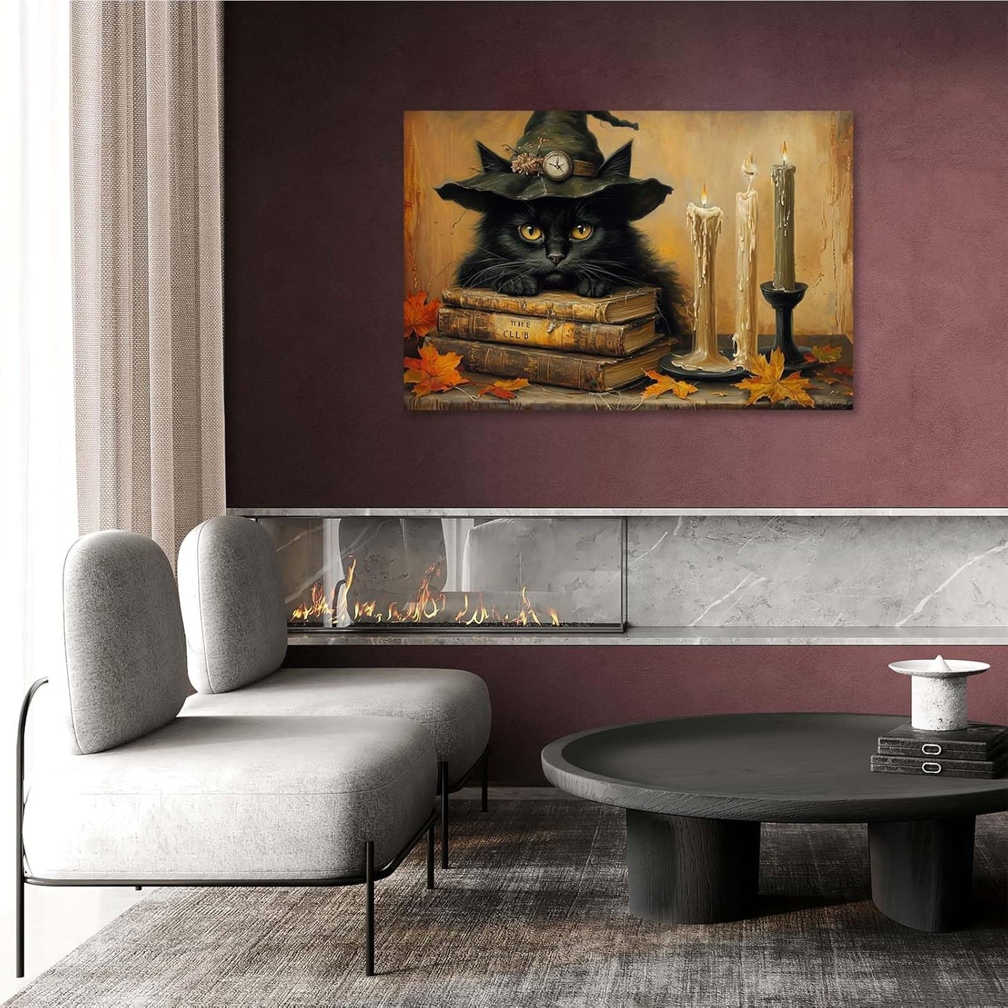 Vintage Halloween wall decoration black cat and magic book suitable for home bedroom living room decoration dark classic art witch wall decoration20x30in Wood Framed
