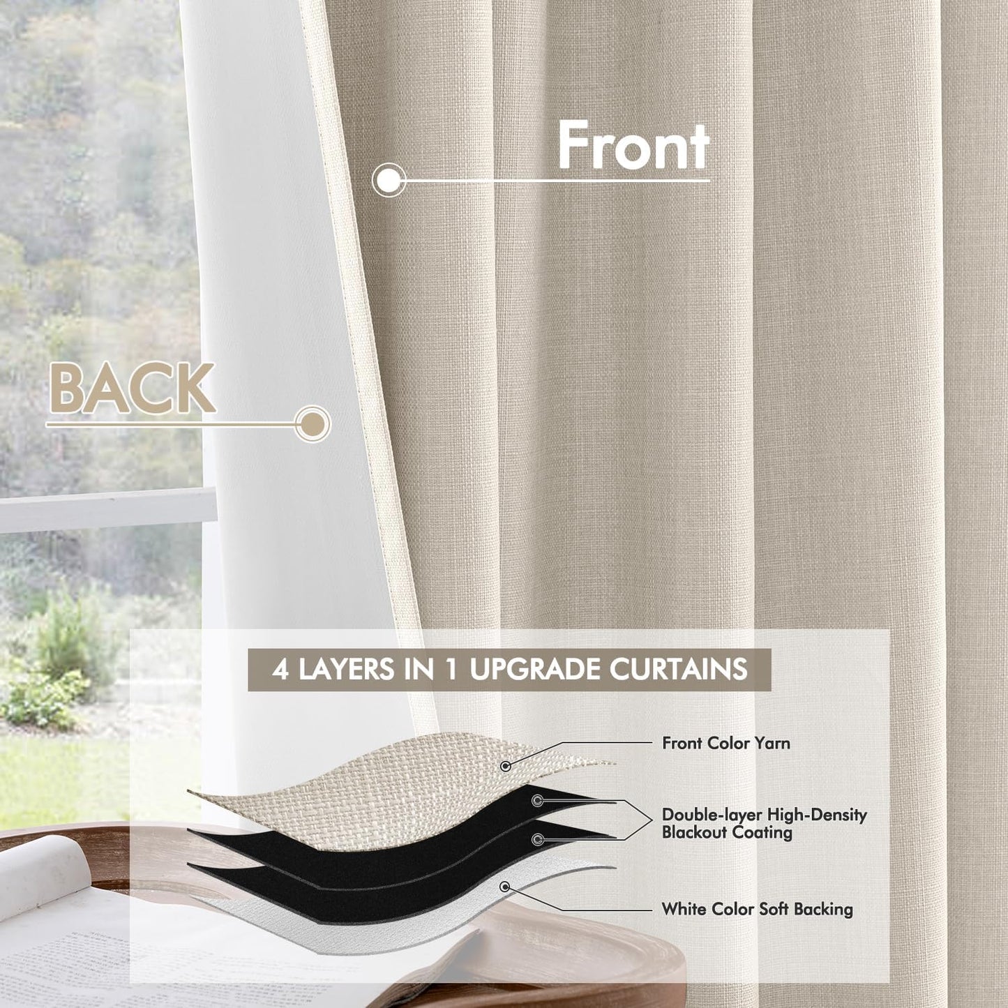 MIULEE 100% Blackout Curtains 100 Inch Long 2 Panels Set for Bedroom, Thick Luxury Faux Linen Black Out Curtain Room Darkening Back Tab Pleat Window Textured Drapes with Hooks for Living Room, Birch