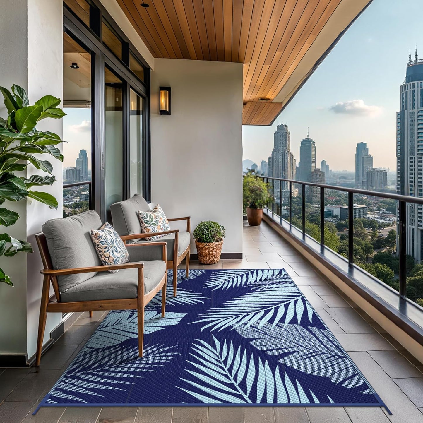 GENIMO Outdoor Rug 9' x 12' Waterproof for Patios Clearance, Reversible Outdoor Plastic Straw Camping Rug Carpet, Large Area Rugs Mats for RV, Camper, Deck, Balcony, Porch, Beach, Navy Blue&Baby Blue