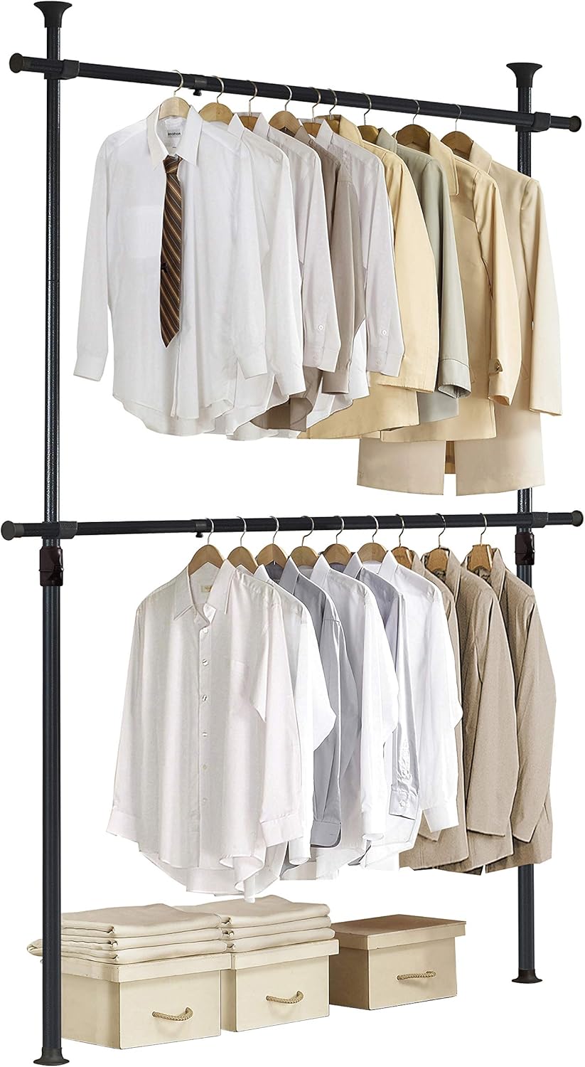 PRINCE HANGER Heavy Duty One Touch System Load 352LBS Clothing Racks for Hanging Clothes Metal Wardrobe Closet System Garment Tension Rod Free Standing Black Width Adjustable PHUS-0022