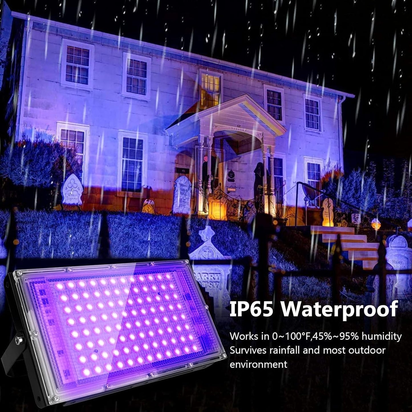 4 Pack 100W UV Black Light, Black Lights for Glow Party, IP65 Waterproof, for Blac k Light Party, Stage Lighting, Halloween, Body Paint, Fluorescent Poster, Neon Glow