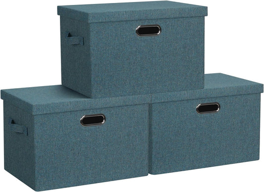 Large 17" 36 Quart Collapsible Stackable Storage Bins with Lids, 3 Packs Blue-Green Linen Fabric Closet Boxes with Lids, Storage Cube Baskets Container Organizers for Bedroom (17x12x11)