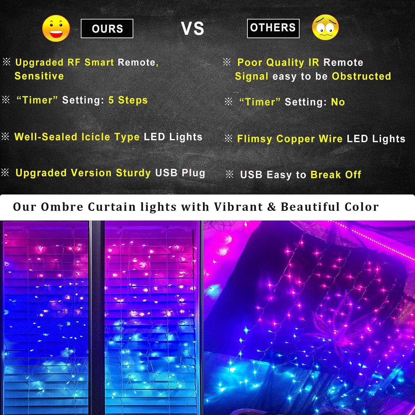 Pink Purple & Blue Ombre LED Curtain Lights with Remote, Rainbow Waterfall String Lights Ombre Hanging Fairy Mermaid Light for Teen Room, Girls Room, Mernaid, Bedroom, Birthday, Cute Halloween Décor