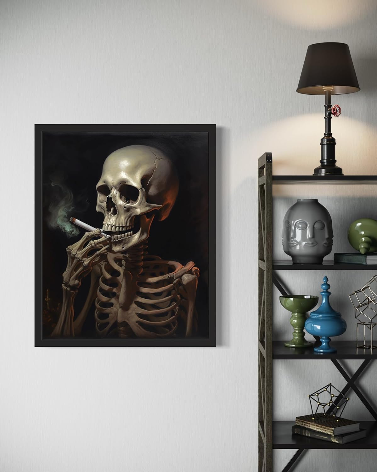 Skull Smoking Ciggarettes Poster Art Print, Halloween Scary Vintage Wall Art Academia Spooky Painting Decoration for Horror Prints, Gothic Posters Bedroom Decor 89 (Skull Smoking Ciggarettes, 11 x 14 inches, Black Frame)