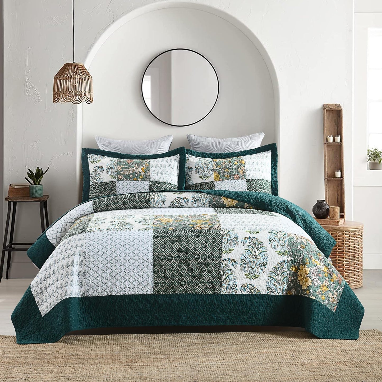 Secgo California King Quilt Size - 100% Cotton Oversized California Comforter Set Bedding Sets (120 * 110 Inch) with 2 Pillow Shams, Patchwork Reversible Lightweight Bedspread