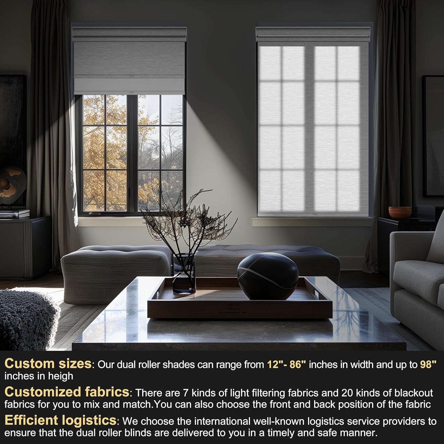 BERISSA Cordless Dual Roller Shades with Cassette Valance, Double Window Shades Blackout and Light Filtering, Day and Night Shades for Home Office Doors, Striped Jacquard White, 57W X 64" H