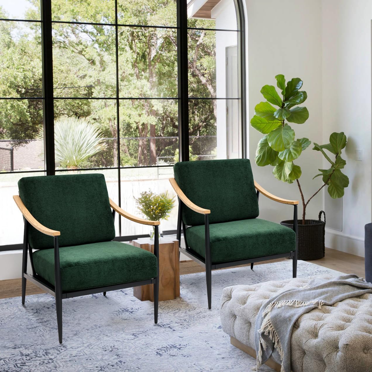 Modern Accent Chairs Set of 2 for Living Room Bedroom Mid Century Arm Chairs Upholstered Office Accent Chairs Comfy Waiting Room Chairs with Metal Frame, Green