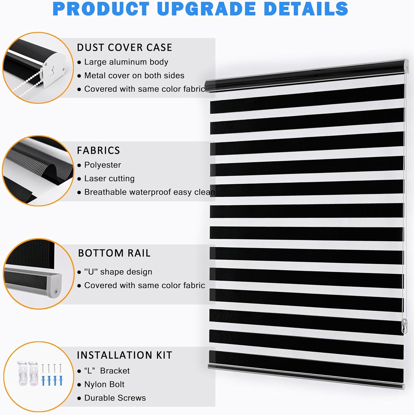 Blackout Zebra Blinds, Dual Layer Free-Stop, Room Darkening Zebra Shades, Blinds for Indoor Windows, Light Filtering Privacy Sheer Shade for Home(41" W X 72" H, Black)