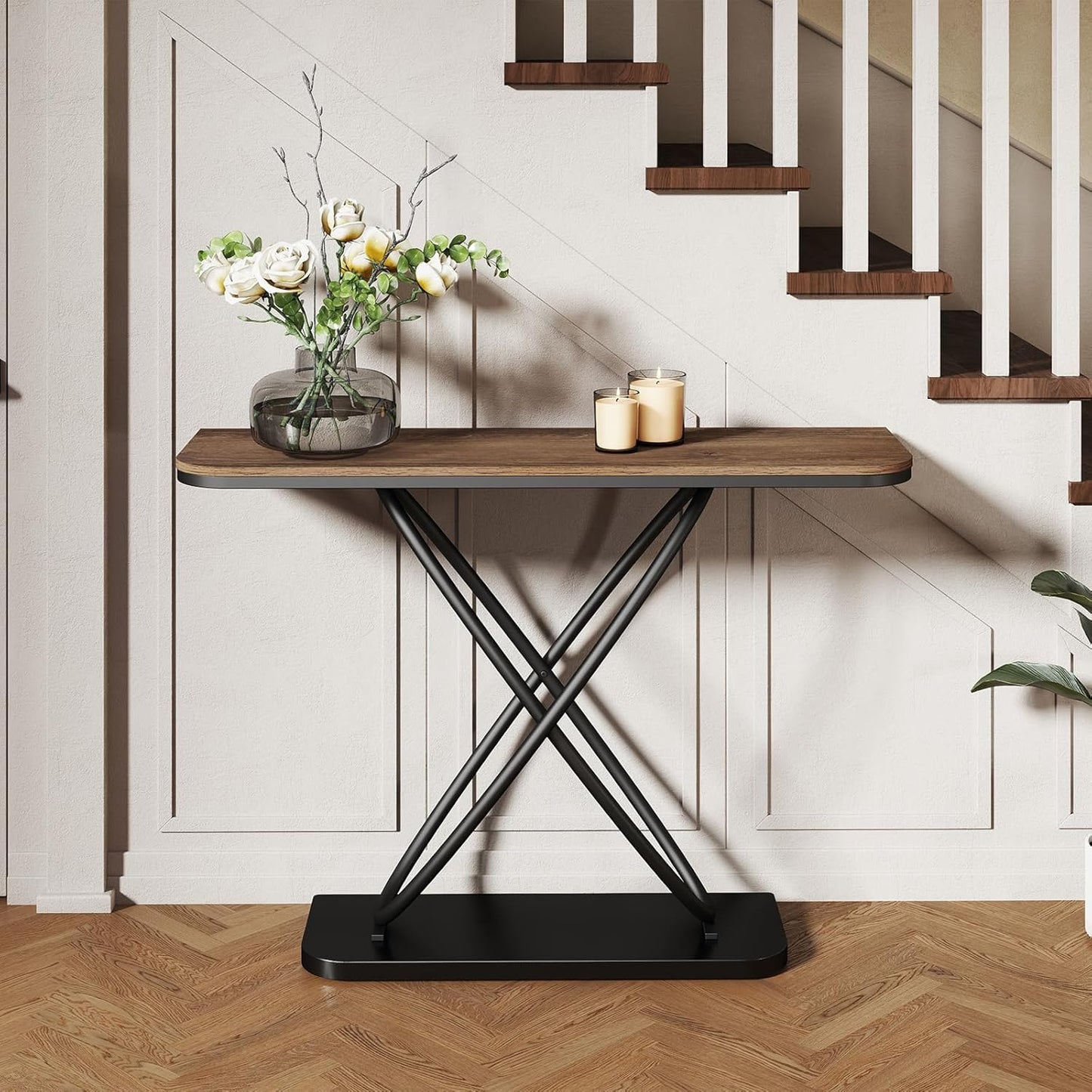 BECHAEO Farmhouse Narrow Console Table for Living Room, 47.4" Rustic Narrow Entryway Table, Sofa Tables Behind The Couch, Industrial Wooden Accent Tables for Hallway, Foyer Walnut