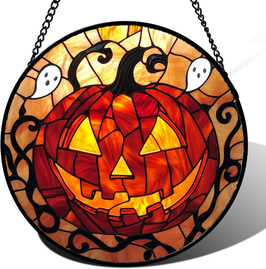 Stained Glass Window Hanging - Halloween Decorations Evil Pumpkin Orange Suncatcher for Doors Garden Indoor Funny Spooky Sun Catchers Gothic Decor Horror Gifts for Women Men Friend 7.8 in