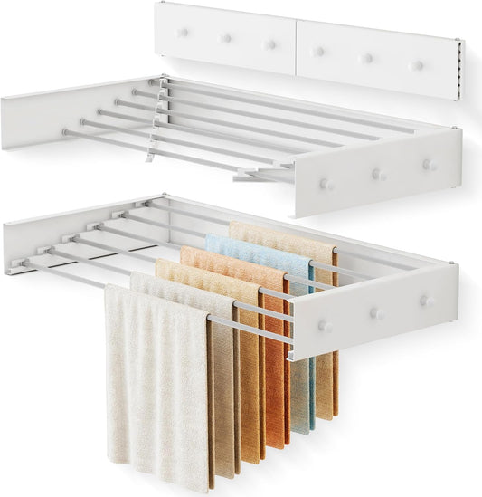 Upgrade Drying Rack Clothing,Clothes Drying Rack Wall Mounted,Laundry Drying Rack Wall Mount,Foldable,Collapsible,Retractable,6 Aluminium Poles,with Hooks,(White 35.5"